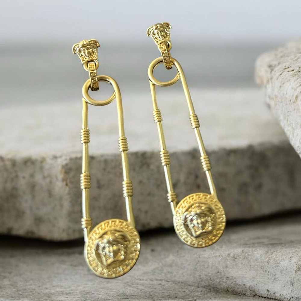 Versace Gold Medusa Drop Safety Pin Earrings! NIB! - Picture 4 of 5